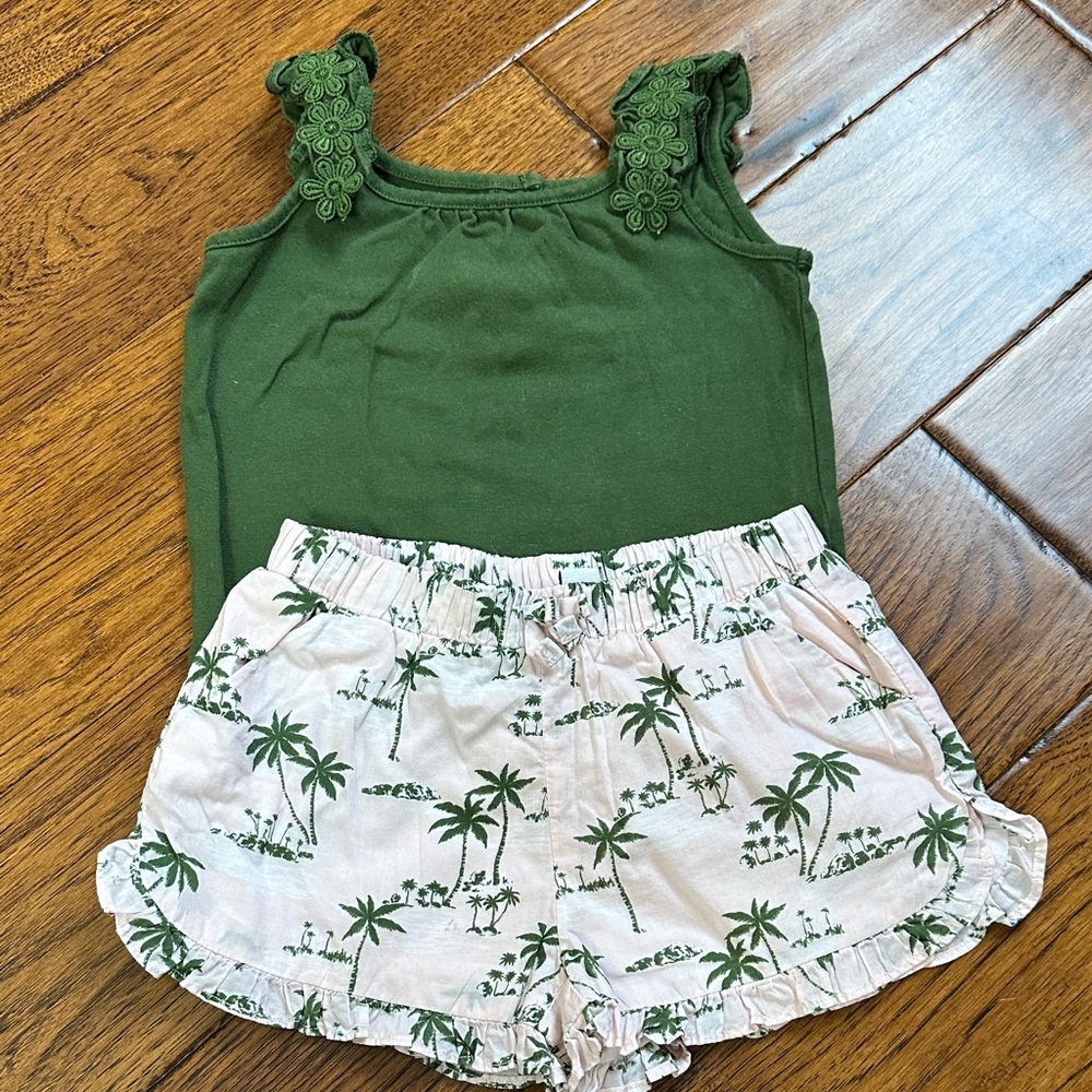 Green Tank Top and Palm Print Shorts Set